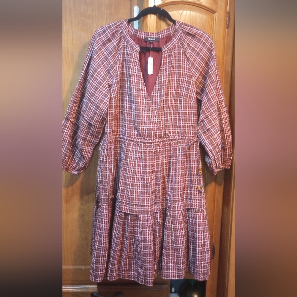 NWT Madewell Seersucker Burgundy Red & White  Dress Size Small